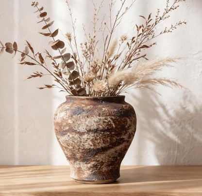 Rustic Farmhouse Ceramic Vase Home Decor (Brown and White, Small) - color: Brown and White