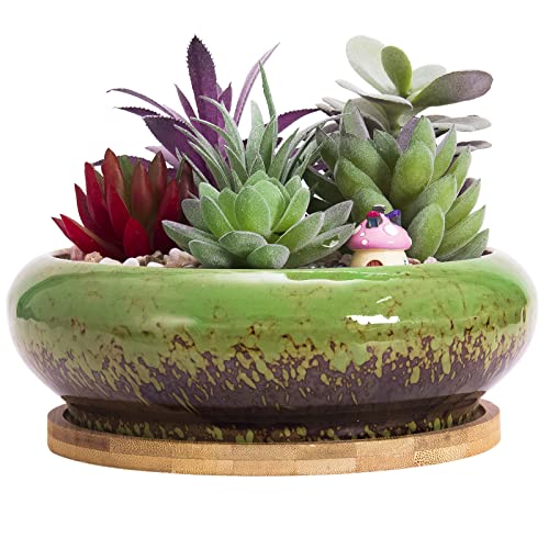 Bonsai Pots, Large Succulent Pots with Drainage, Ceramic Pots for Plants - color: Green