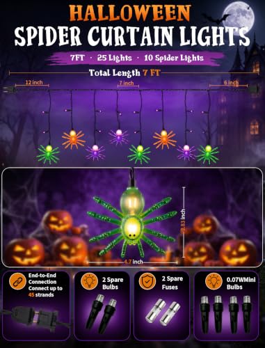 7FT Halloween Spider Curtain String Lights Plug-in 25 LED Decor - color: Spider Curtain Lights