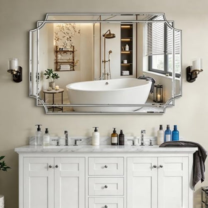 48"x31.6" Rectangle Beveled Mirror with Silver Geometric Frame - color: Silver, size: 48"L x 31.6"W