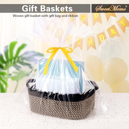 Gift Basket Empty with Handles, 12x8x5 inch - Small Woven Basket for Baby Nursery, Toys, Towels, Wedding, Birthday Gifting - With Gift Bag & Ribbon (Black Brown, 1PC) - color: Black and Brown, size: 1 Pack