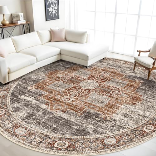 RUUGME Washable 9 ft Round Area Rug - Large Boho Rugs for Living Room Stain Resistant Carpet Vintage Tribal Rugs for Bedroom Kitchen Bathroom with Non Slip Backing Decor Floor Mat 9ft Brick - color: Brick, size: 9' (Round)