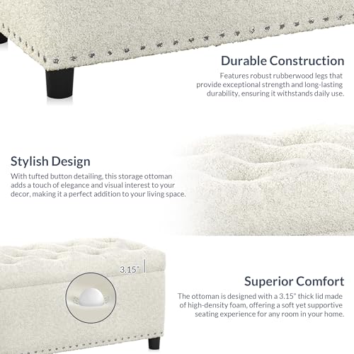 BELLEZE Storage Ottoman, Tufted Ottoman with Close Hinge, Foot Rest for Living Room (White, 47 inch) - color: White