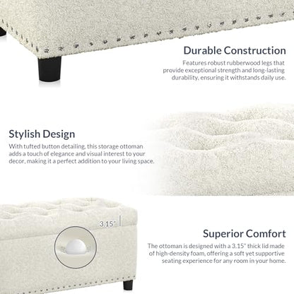 BELLEZE Storage Ottoman, Tufted Ottoman with Close Hinge, Foot Rest for Living Room (White, 47 inch) - color: White