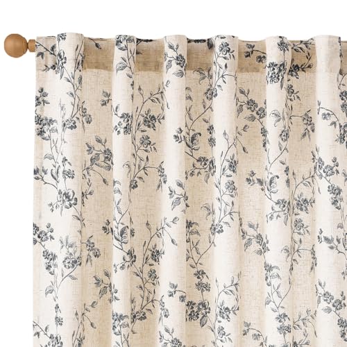 Lazzzy Black Vintage Floral Linen Curtains Farmhouse 50W X 84L 2 Panels - color: Black on Beige, size: 50"W x 84"L (Pack of 2)
