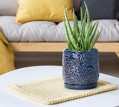 D'vine Dev Embossed Leaves Ceramic Planter, 5 in, Midnight Blue, 27-A-V-3 - color: Midnight Blue, size: 5 Inch