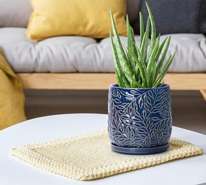 D'vine Dev Embossed Leaves Ceramic Planter, 5 in, Midnight Blue, 27-A-V-3 - color: Midnight Blue, size: 5 Inch