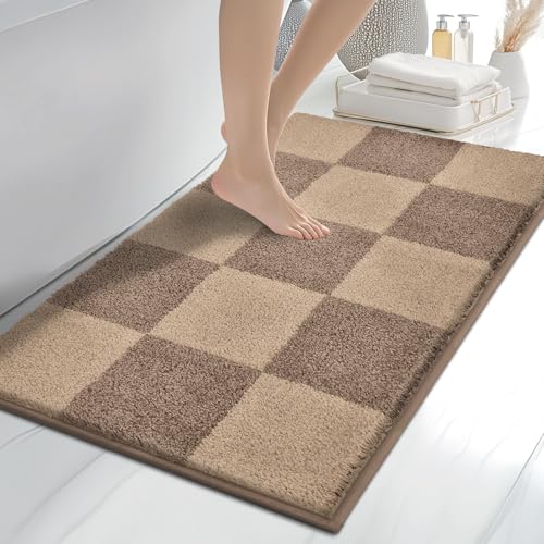 Bathroom Rugs, 24" x 36" Soft Bath Rugs, Checkered Grayish Brown & Coffee - color: Checkered-grayish Brown & Coffee, size: 24" X 36"