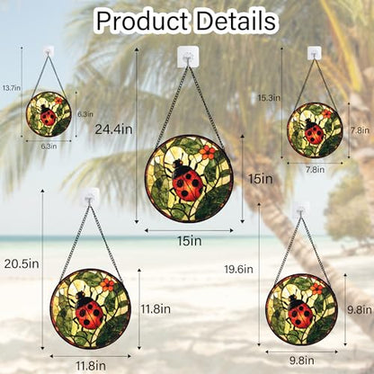 Ladybug Flower Stained Glass Window Hanging Suncatcher Gifts for Women 9.8" - color: Red and Black, size: 9.8x9.8 IN