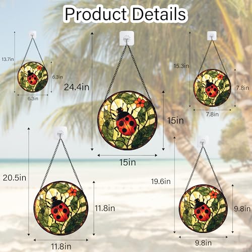 Ladybug Flower Stained Glass Window Hanging Suncatcher Gifts for Women 15" - color: Red and Black, size: 15x15 IN