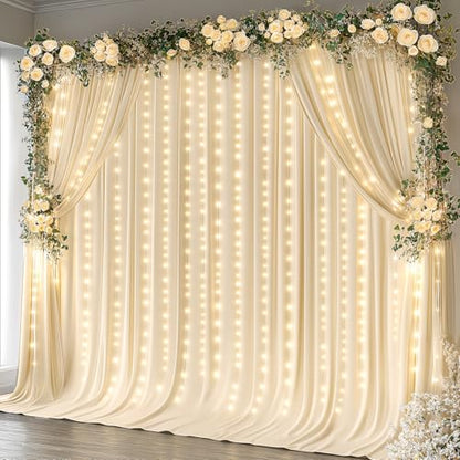 10 x 10 Champagne Backdrop Curtains with Lights String for Party - color: Champagne, size: W5' x H10'(2 panels)