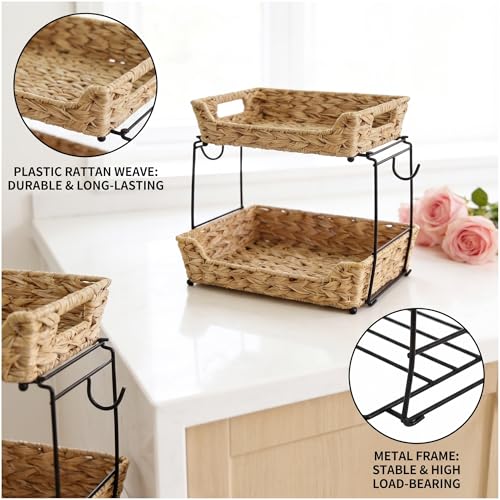 2-Tier Round Faux Rattan Wicker Storage Basket with Metal Frame, Countertop Organizer Shelf for Kitchen, Bathroom, Pantry (Corner)