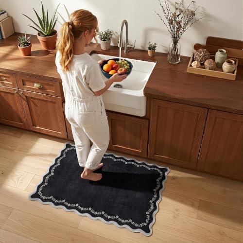 GarveeHome Scalloped Entryway Rug 2x3 Black Washable Front Door Entry Rug - color: Black, size: 2' x 3' (Rectangular)