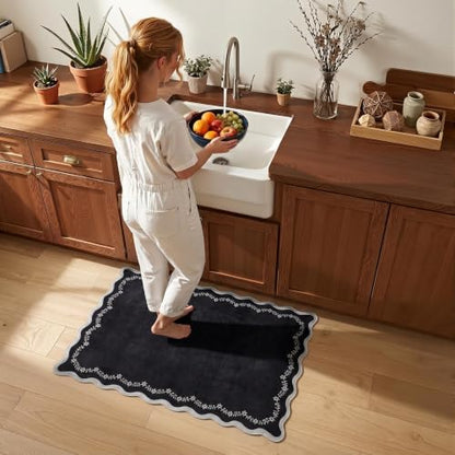 GarveeHome Scalloped Entryway Rug 2x3 Black Washable Front Door Entry Rug - color: Black, size: 2' x 3' (Rectangular)