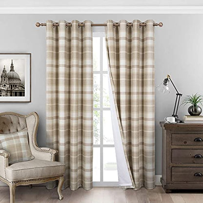 always4u Plaid Curtains for Bedroom Living Room 100% Blackout Thermal Energy Saving Woolen Look Grommet Curtains 84 Inch Length 2 Panels Beige - color: Beige, size: 54"W x 84"L (Pack of 2)