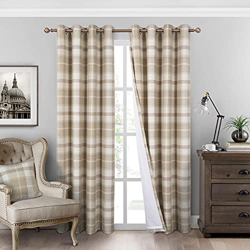 always4u Plaid Curtains for Bedroom Living Room 100% Blackout Thermal Energy Saving Woolen Look Grommet Curtains 84 Inch Length 2 Panels Beige - color: Beige, size: 45"W x 84"L (Pack of 2)