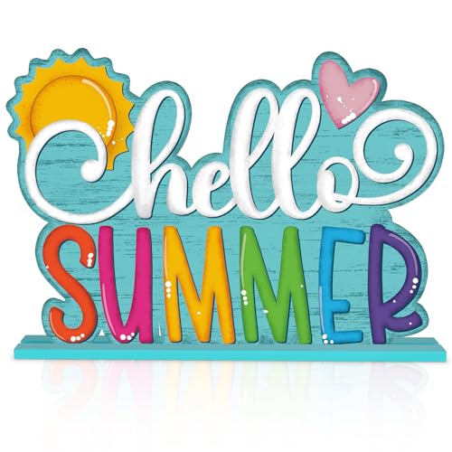 Wooden Summer Table Decorations for Home, Rustic Hello Summer Sign Decoration, Beach Theme Table Centerpiece Standing Decor for Office Farmhouse Tiered Tray Mantel Shelf Tabletop Fireplace Desk - color: Teal
