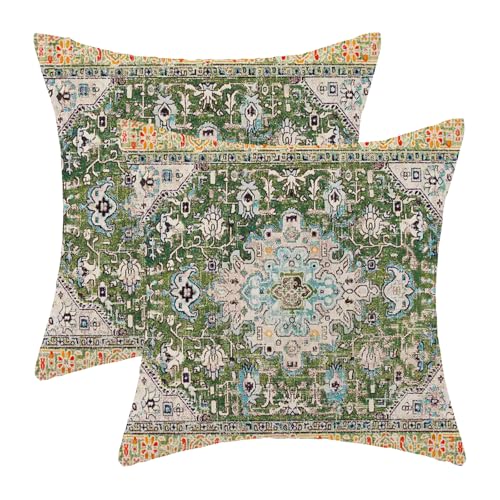 AEIOAE Boho Pillow Covers 16x16 Inch Set of 2,Carpet Pattern Throw Pillows Case,Sage Green Yellow Ethnic Design Outdoor Decorative Square Linen Farmhouse Decor Cushion Covers for Home Sofa Bed Couch - color: Sage Green Yellow, size: 16" x 16" (Pack of 2)