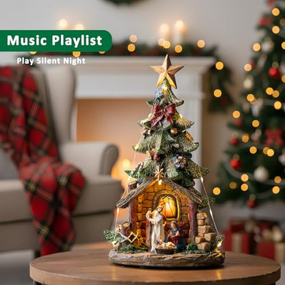 Qualdout Christmas Tree Nativity Scene with Figurines LED Light, Christmas Holy Family Nativity Scene for Xmas Decor Gift, Tabletop Decorative Christmas Ornaments