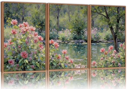 YeeHomedec Monet Botanical Framed Canvas Wall Art, Impressionist Floral Garden Wall Decor, Vintage Flower Pond Tree Artwork, Nature Landscape Art Paintings for Living Room Bedroom Bathroom 16"x24"x3 - color: Monet Garden, size: 24"L x 16"W