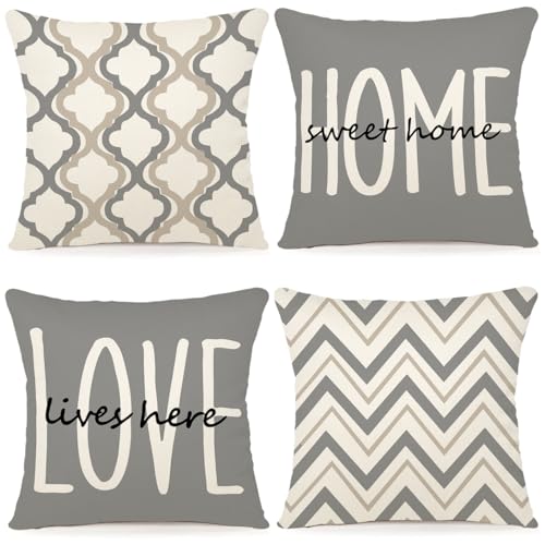 YCOLL Farmhouse Throw Pillow Covers 18x18 Set of 4 Rustic Linen Square Decorative Cushion Covers for Couch Sofa Bedroom Home Decor - color: Light Gray, size: 18" x 18" (Pack of 4)