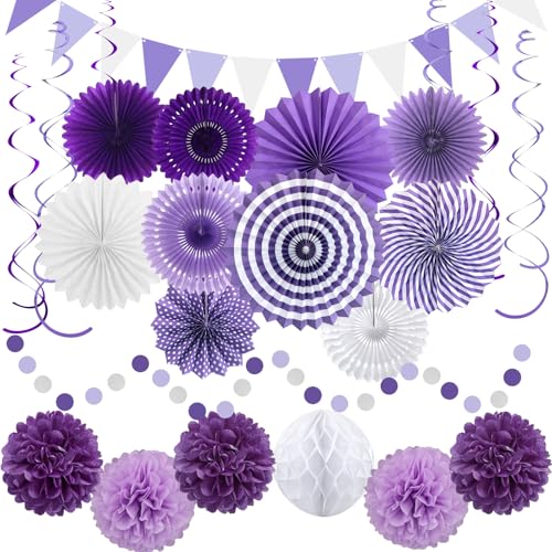 24 Pcs Purple Birthday Decorations Kit, Paper Fans Pom Poms Banner 8-16 in - color: Purple, Lavender, White