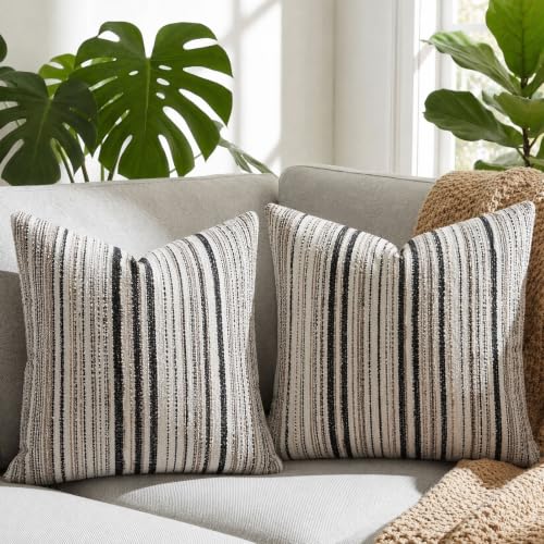 Set of 2 Striped Chenille Throw Pillow Covers 18x18 Inches Premium Plush Textured Decorative Cushion Covers Reinforced Hidden Zipper Mid-Century Modern Farmhouse Decor for Couch Sofa Black - color: Black, size: 18" x 18" (Pack of 2)