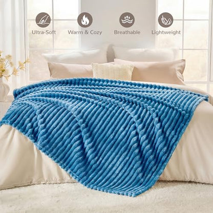 330GSM Ribbed Fleece Queen Blanket for Bed, Blue, 90"x90" - color: Blue, size: Queen(90"x90")