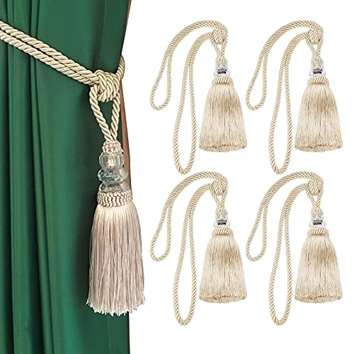 Tassel Curtain Tiebacks Handmade Curtain Tie Backs, Elegant Crystal Curtain Holdbacks for Home Office Decor (Beige, 4P) - color: Beige, size: 4P