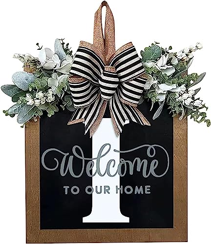 Last Name Year Round Front Door Wreath Front Porch Decoration 26 Letter Welcome Sign with Eucalyptus Garland and Bow Spring Wreaths for Front Door Outside Hanger Garland（I） - color: I