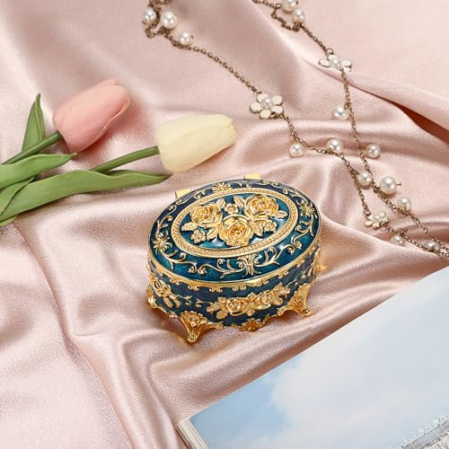 Hipiwe Vintage Metal Jewelry Box - Oval Trinket Ring Case with Gold Rose - color: Blue, size: Small
