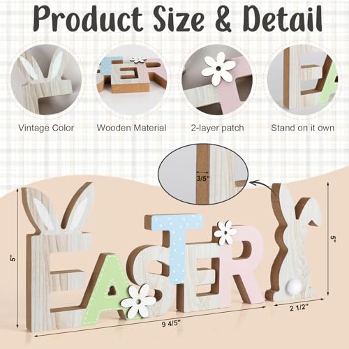 COCHIE Vintage Happy Easter Sign, Wooden Spring Decorations for Home, Office, Shelf, Mantel, Indoor, Wood Farmhouse Bunny Decor, Pink Blue Green Table Top Party Supplies Decoration (Easter Bunny) - color: Easter Bunny