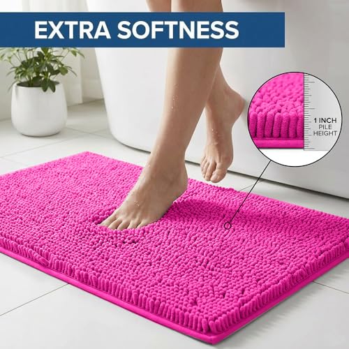 Bathroom Rugs Sets 2 Piece,Super Absorbent Chenille Bath Mats and U-Shaped Toilet Rug,Strong PVC Non Slip Backing,Microfiber Washable Dry Quickly Bath Mats for Bathroom(20"x32"+20"x20"U,Hot Pink) - color: Hot Pink
