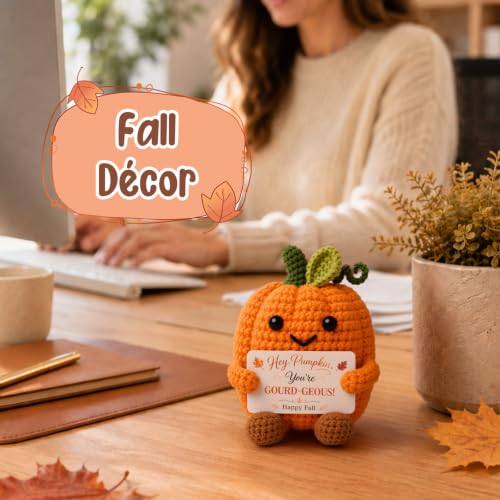 Autumn Fall Decorations for Home on Thanksgiving, Fall Basket Stuffer for Women Handmade Crochet Pumpkin with Postive Card, Halloween Thanksgiving Gifts for Women Hostess Teachers Friends Coworkers