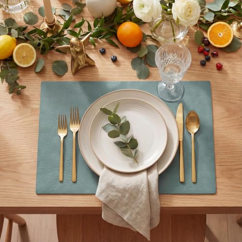 Artoid Mode Blue Faux Leather Placemats Set of 6, 12x18 Inch Waterproof Wipeable Heat Resistant Vinyl Place Mats, Reversible Table Mats for Winter Kitchen Dining Decor - color: Blue, size: 12" x 18", Rectangular Set of 6