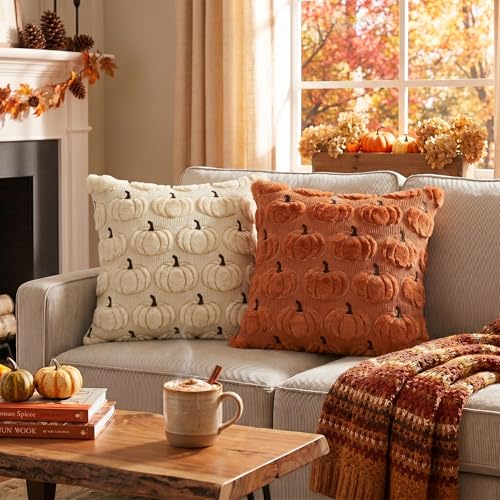 AVOIN colorlife Caramel Beige Fall Pumpkin Throw Pillow Covers 18x18 Inch - color: Caramel/Beige, size: 18" x 18" (Pack of 2)