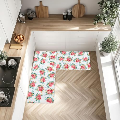 Feelyou Red Floral Kitchen Rugs Sets 2PCS - color: Blue White Red Green