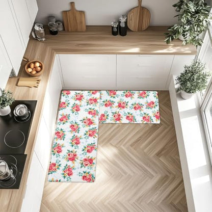 Feelyou Red Floral Kitchen Rugs Sets 2PCS - color: Blue White Red Green