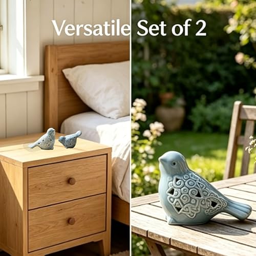 Ceramic Bird Figurines Set of 2, Blue Birds Shelf Decor