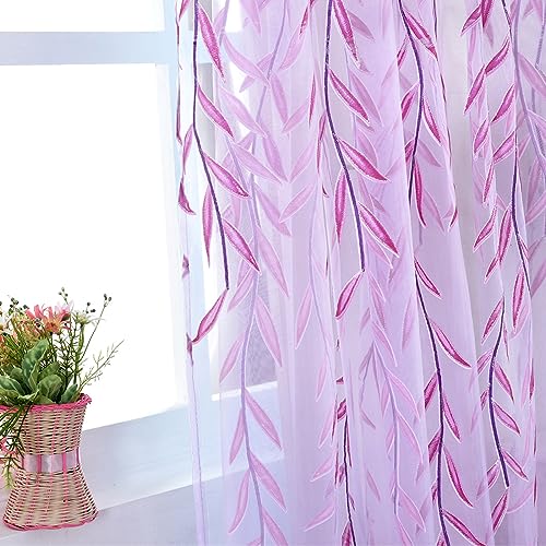 Ufurty 2pcs Willow Leaf Window Curtain Voile Tulle Sheer Vine Curtains - color: Purple Leaf, size: 39.4"W x 78.7"L (Pack of 2)