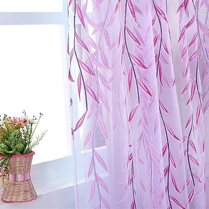 Ufurty 2pcs Willow Leaf Window Curtain Voile Tulle Sheer Vine Curtains - color: Purple Leaf, size: 39.4"W x 78.7"L (Pack of 2)