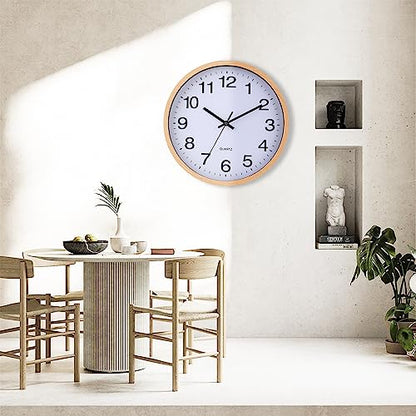Wall Clock 12 Inch Wooden Frame Glass Cover Non-Ticking Number Quartz Modern Quartz Design Decorative Bedroom Kitchen Office Classroom Light Brown - color: Light Brown