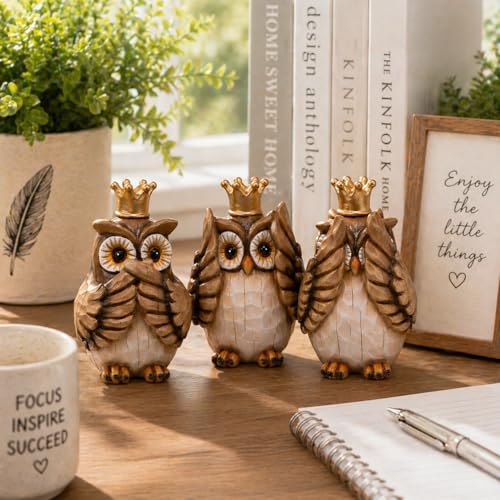 Hodao See No Evil Owl Figurines 3PCS, Crown Owl Decor, Home & Office Accent - color: Three Wise Owl