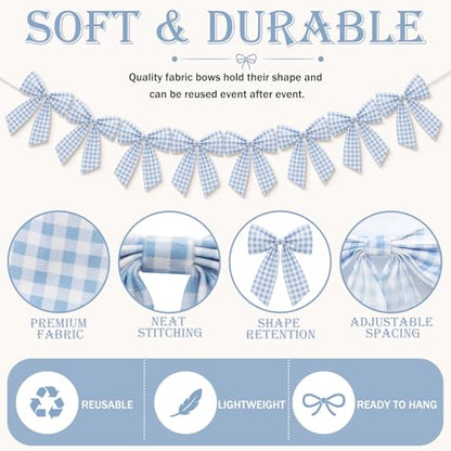 Flutesan 8 Ft Sky Blue Gingham Bow Garland Fabric Banner Farmhouse Decor - color: Sky Blue, style: Gingham