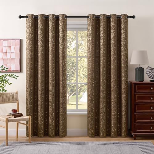 Brown Geometric Curtains 72 Inch Length 2 Panels Vintage Chocolate Curtains Cottage Grommet Room Darkening Gold Foil Drapes Marble Textured Jacquard Window Treatment for Bedroom Dining Room, 52x72 - color: Brown, size: 52"W x 72"L (Pack of 2)