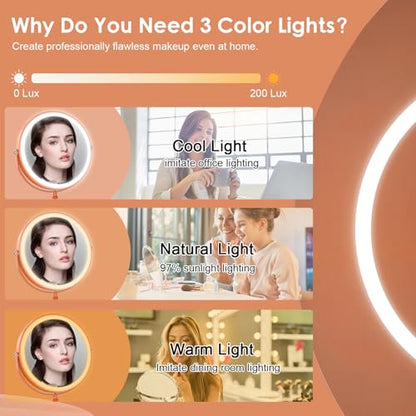 DEIOVWXS Makeup Mirror, Rechargeable Vanity Mirror with 3 Lights, 1X/10X - color: Orange