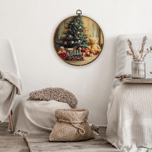 XPH Christmas Toy Round Wall Art Framed, Christmas Circle Wall Decor, Rustic Cozy Cottagecore Winter Xmas Holiday Hanging Canvas Prints for Home Bedroom Kids Room Decoration, 10x10 Inch - color: Christmas 45