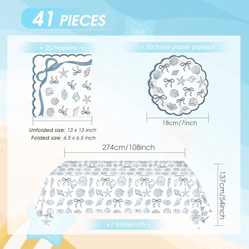 40PCS Seashell Birthday Party Decorations Blue Bow Beach Style Tableware Kit Include Starfish Coral Disposable Paper Plates and Napkins,Tablecloth Set for The Summer I Turned Pretty Party Decor - color: Ocean Seashell Party