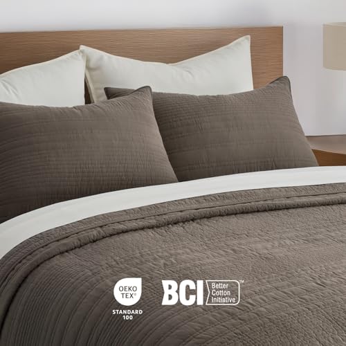 EVERGRACEHOME 100% Cotton Modern Lines Quilt Set Queen Size, Mushroom Brown - color: Mushroom Brown, size: Full/Queen (92" X 92")