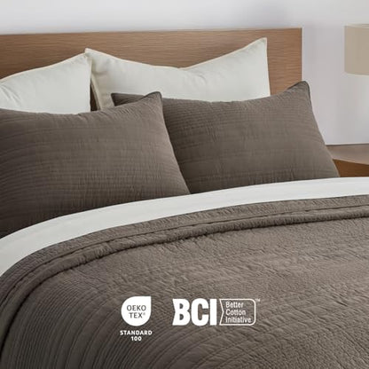 EVERGRACEHOME 100% Cotton Modern Lines Quilt Set Queen Size, Mushroom Brown - color: Mushroom Brown, size: Full/Queen (92" X 92")